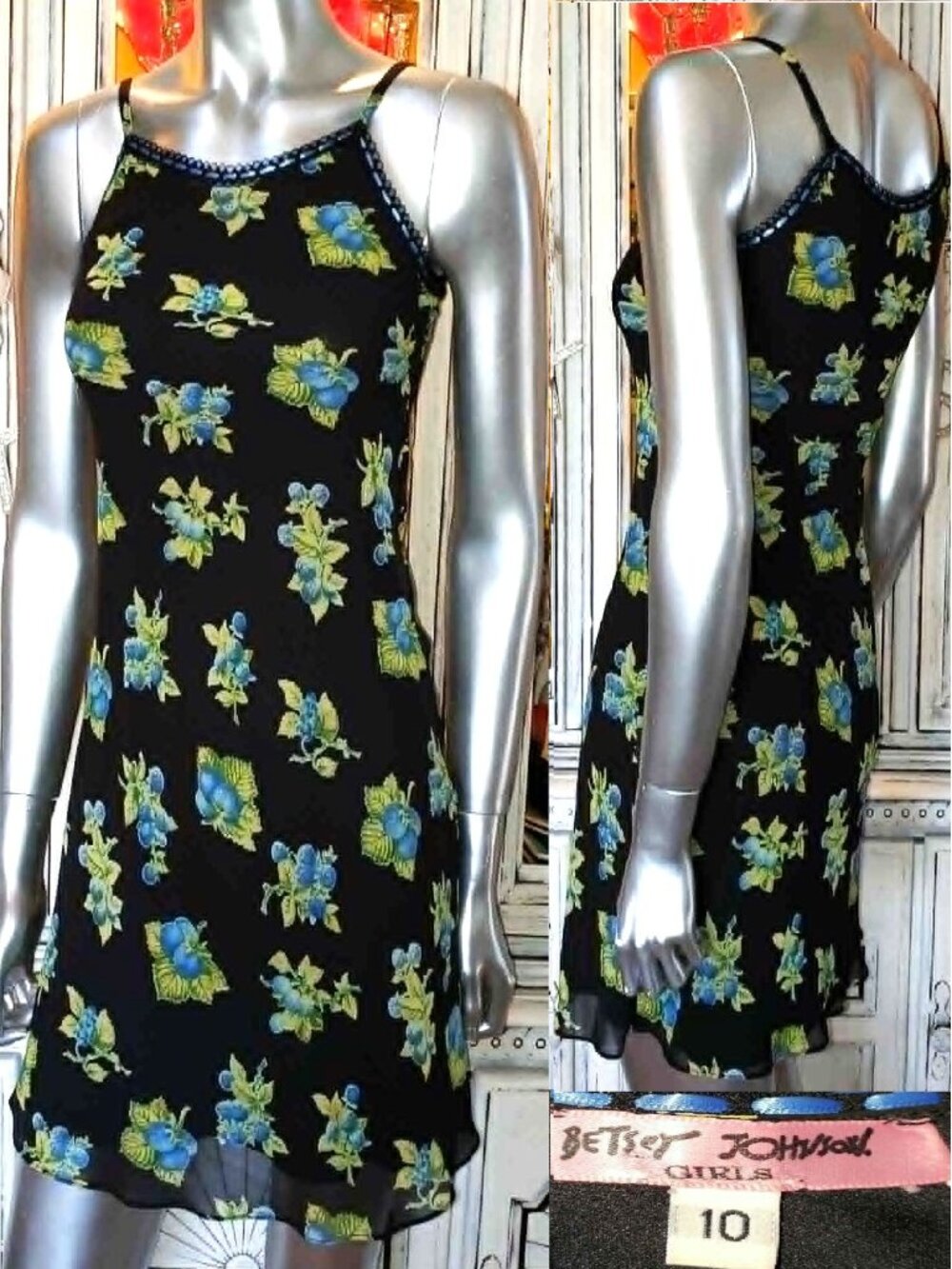 Vintage Betsey Johnson Blueberries Fruit Print Slip Dress Black Size 10 Girls XS